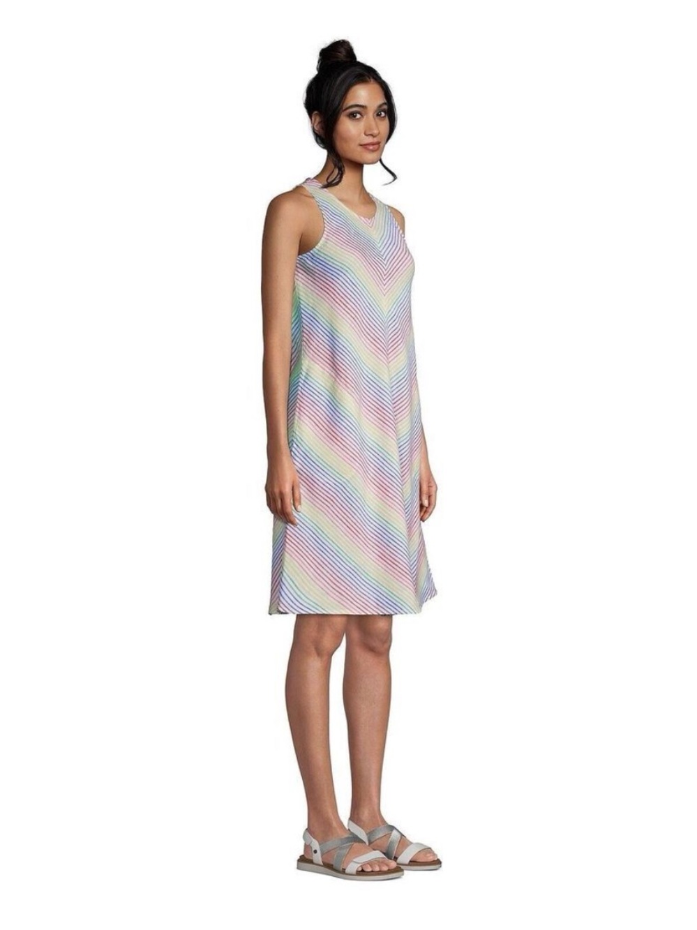 Lands' End Linen A-Line Swing Rainbow Pride Striped Pockets Dress- M